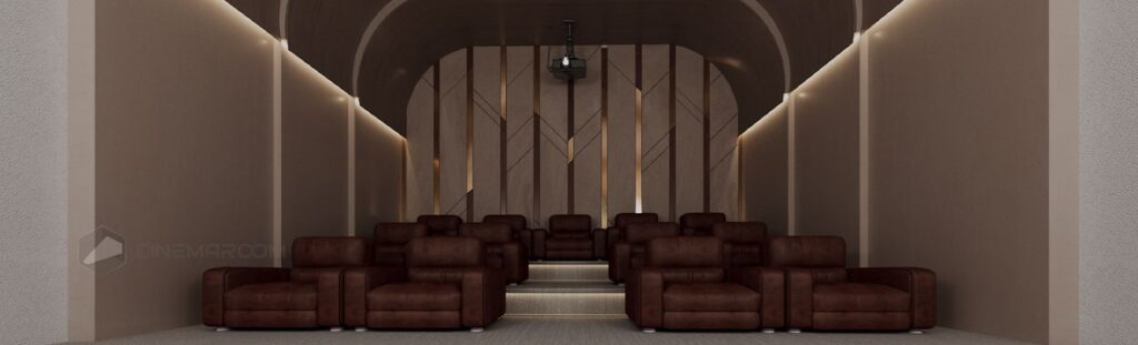 طراحی سینماخانگی لوکس و تجهیز آن به مبلمان راحتی VIP سینمایی با موکت سینمایی