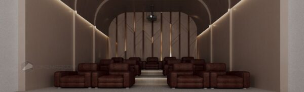 طراحی سینماخانگی لوکس و تجهیز آن به مبلمان راحتی VIP سینمایی با موکت سینمایی