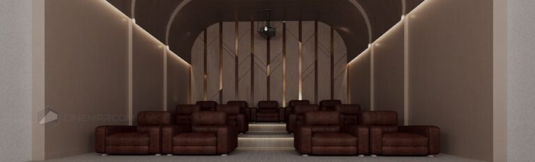 طراحی سینماخانگی لوکس و تجهیز آن به مبلمان راحتی VIP سینمایی با موکت سینمایی