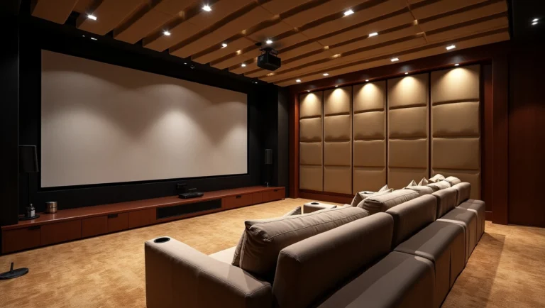 تصویری از یک سینمای مدرن طراحی شده در سینماروم که تمام تجهیزات سینماییو مبلمان راحتی سینمایی به درستی قرار گرفته است.